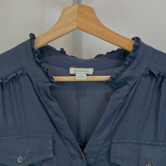 SUNDANCE  Size S Ruffle Button Down Shirt V Neck Tunic Long Sleeve Viscose Blue - Picture 5 of 9